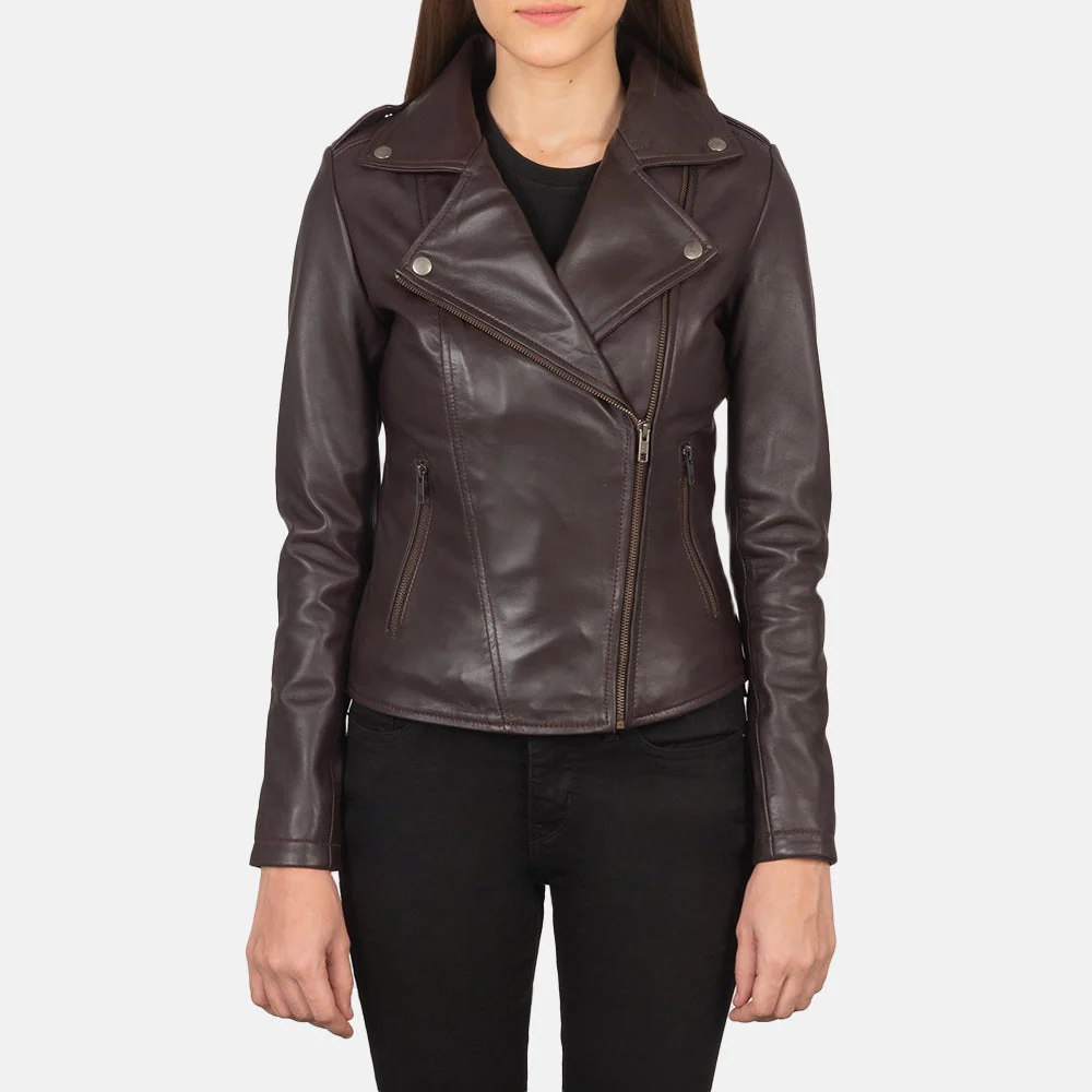Flashback Maroon Leather Biker Jacket - Image 1