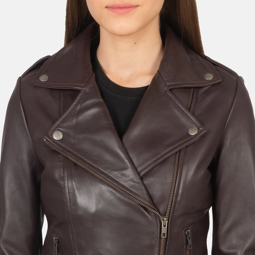 Flashback Maroon Leather Biker Jacket - Image 6