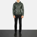 Baston Green Hooded Leather Bomber Jacket - Image 6