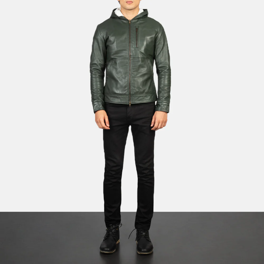 Baston Green Hooded Leather Bomber Jacket - Image 6