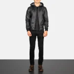 Nintenzo Black Hooded Leather Bomber Jacket - Image 6