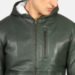 Baston Green Hooded Leather Bomber Jacket - Image 5