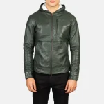 Baston Green Hooded Leather Bomber Jacket - Image 4