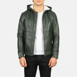 Baston Green Hooded Leather Bomber Jacket