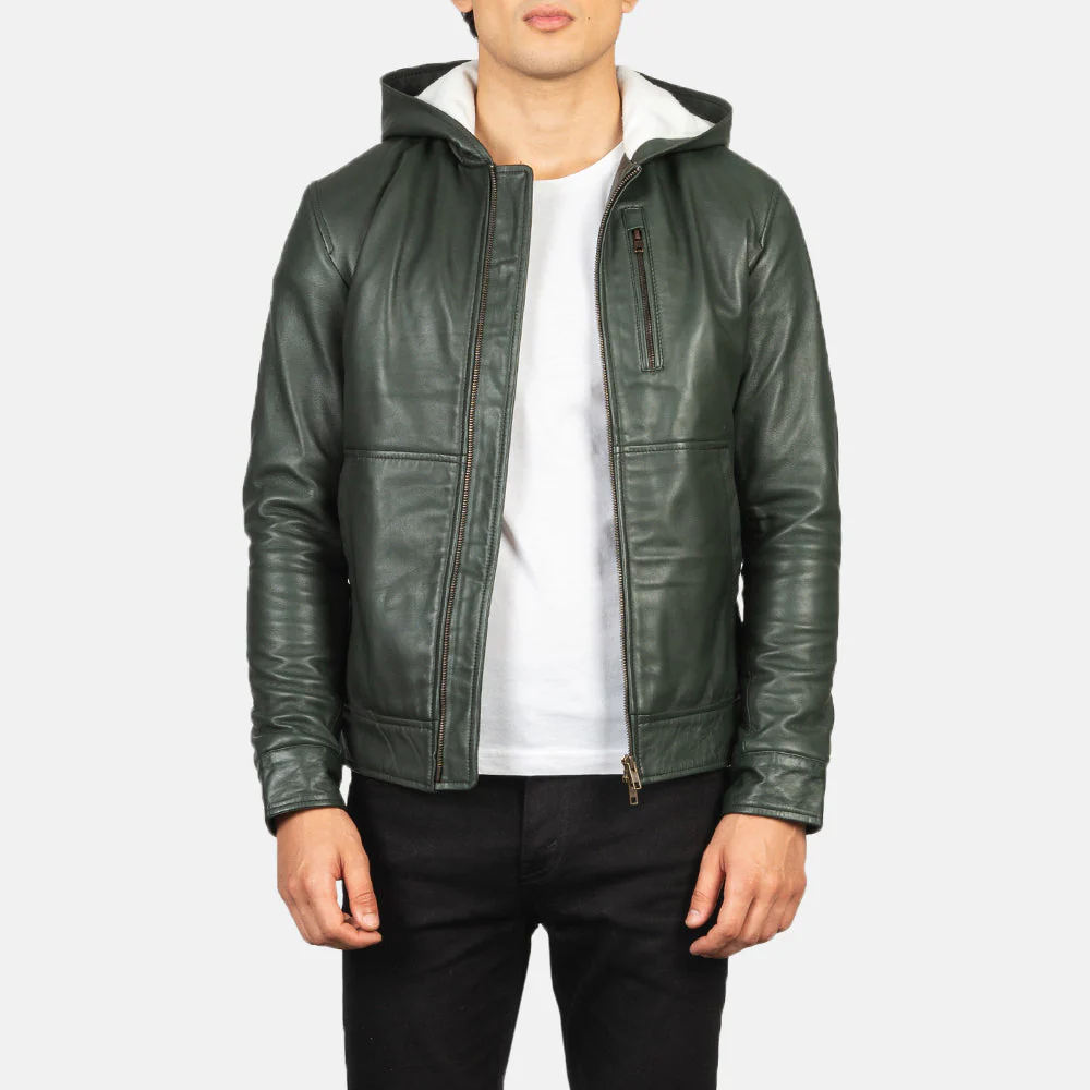 Baston Green Hooded Leather Bomber Jacket - Image 1