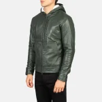 Baston Green Hooded Leather Bomber Jacket - Image 2