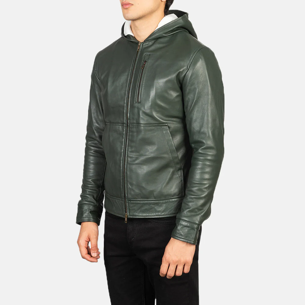 Baston Green Hooded Leather Bomber Jacket - Image 2