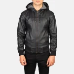 Nintenzo Black Hooded Leather Bomber Jacket - Image 5