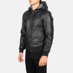 Nintenzo Black Hooded Leather Bomber Jacket - Image 3