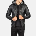 Nintenzo Black Hooded Leather Bomber Jacket - Image 2