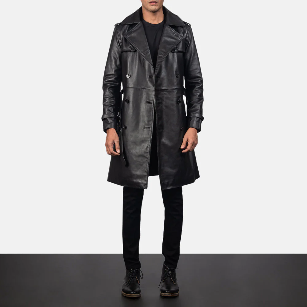Royson Black Leather Duster Coat - Image 5