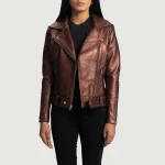 Rumy Maroon Leather Biker Jacket - Image 4