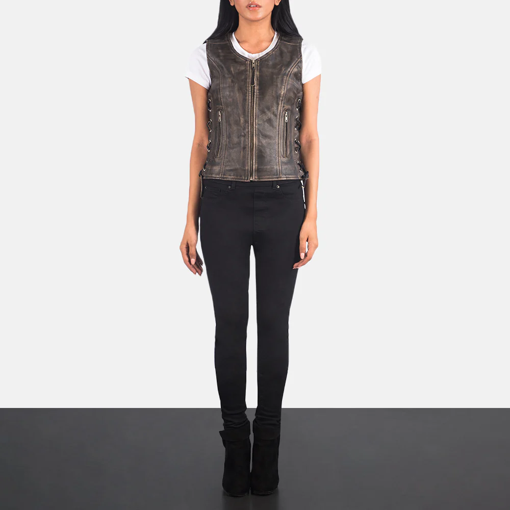 Vanda Distressed Brown Leather Biker Vest - Image 3