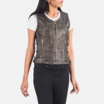 Vanda Distressed Brown Leather Biker Vest - Image 2