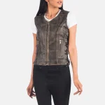 Vanda Distressed Brown Leather Biker Vest - Image 5