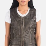 Vanda Distressed Brown Leather Biker Vest - Image 4