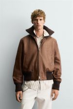 Regular Fit Leather Bomber Jacket