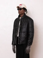 Leather Distressed Puffer Jacket in black - Image 3