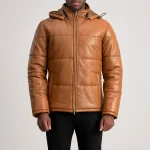 Gordan Tan Hooded Leather Puffer Jacket