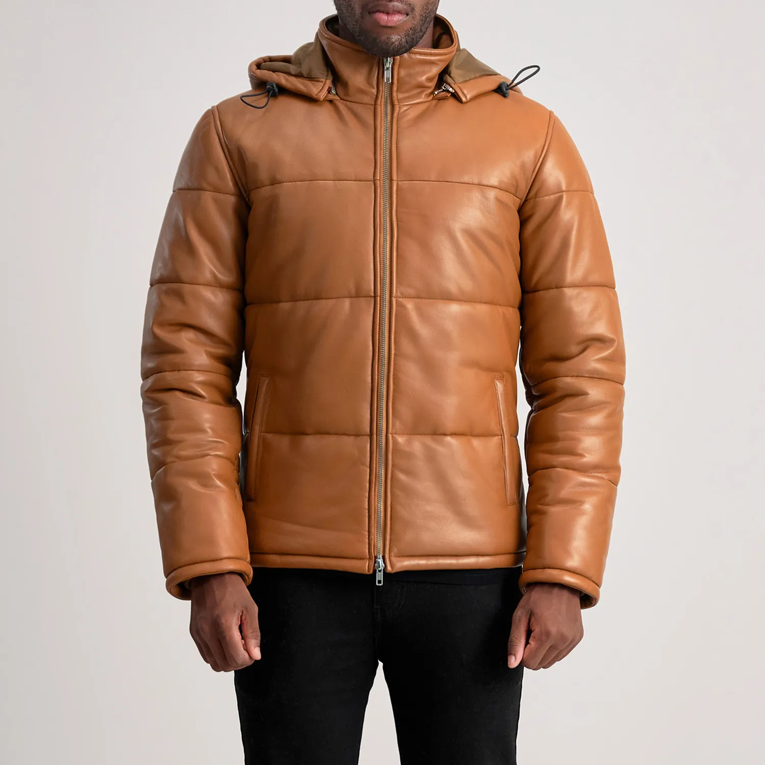 Gordan Tan Hooded Leather Puffer Jacket - Image 1