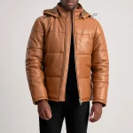 Gordan Tan Hooded Leather Puffer Jacket - Image 2
