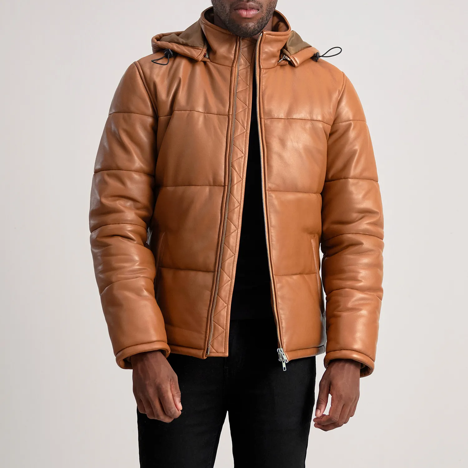 Gordan Tan Hooded Leather Puffer Jacket - Image 2
