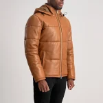 Gordan Tan Hooded Leather Puffer Jacket - Image 3