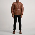 Lucas Brown Leather Puffer Bomber Jacket - Image 2