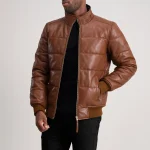 Lucas Brown Leather Puffer Bomber Jacket - Image 3