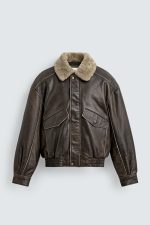 Distressed Aviator Leather Jacket, With A Shearling Collar - Image 7