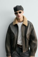 Distressed Aviator Leather Jacket, With A Shearling Collar - Image 3