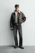 Distressed Aviator Leather Jacket, With A Shearling Collar - Image 2