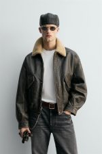 Distressed Aviator Leather Jacket, With A Shearling Collar